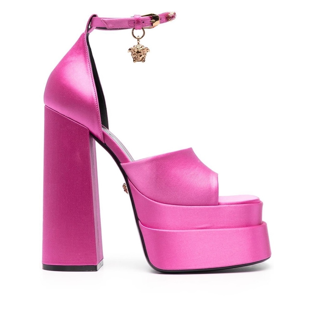 VERSACE Medusa Aevitas satin platform heel sandals in pink, size 37